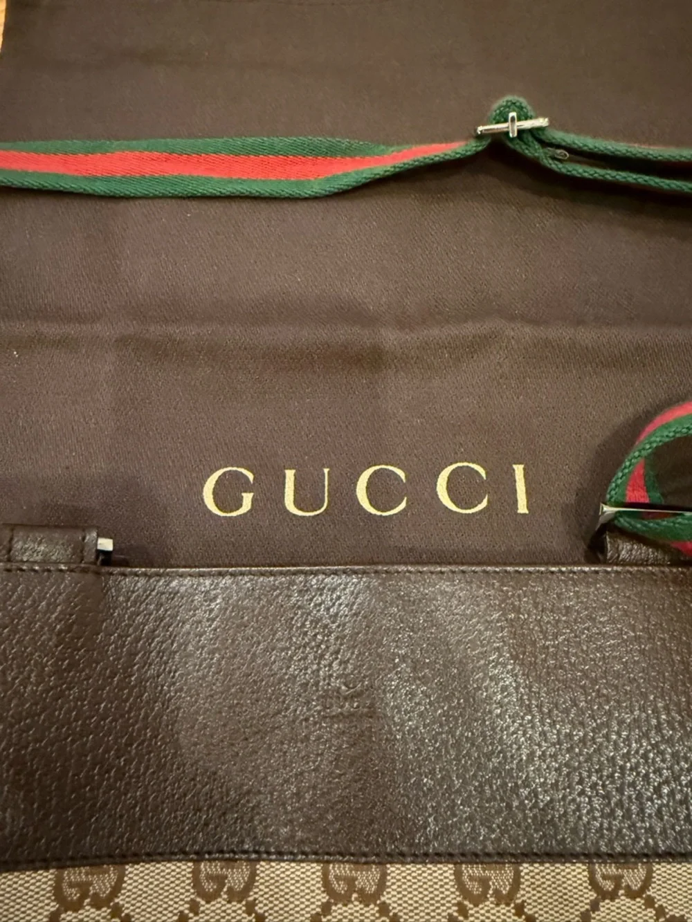 Gucci Brown GG Canvas Messenger with Green-Red Web Strap